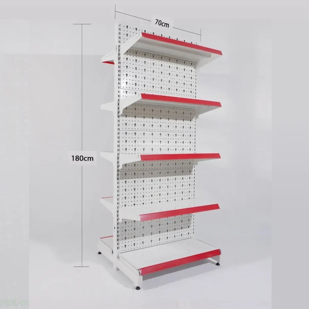 Kệ đôi siêu thị 5 tầng màu trắng xám dài 90cm đặt tại triển lãm