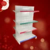 Cho thuê kệ siêu thị 2 mặt 4 tầng trắng xám chắc chắn trưng bày hàng hóa.