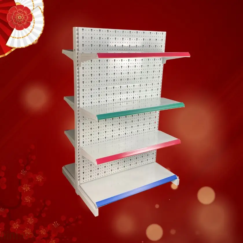 Cho thuê kệ siêu thị 2 mặt 4 tầng trắng xám chắc chắn trưng bày hàng hóa.