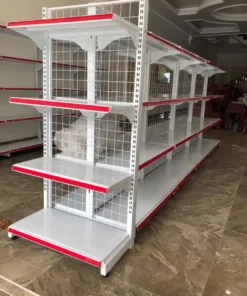 Kệ đôi siêu thị 4 tầng màu trắng cho thuê, kích thước C1520 x D700 x R760.