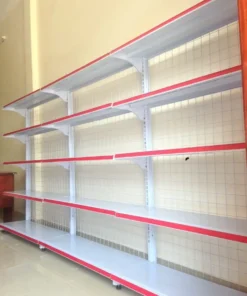 Kệ đơn siêu thị 5 tầng màu trắng xám cho thuê tại triển lãm