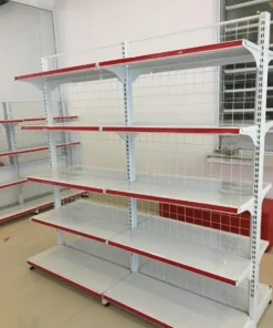 Kệ đôi siêu thị 5 tầng nhỏ gọn màu trắng xám đặt tại không gian sự kiện