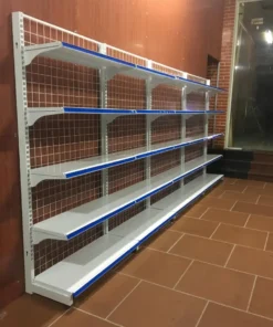 Kệ đơn siêu thị 5 tầng màu trắng xám dài 90cm đặt tại sự kiện