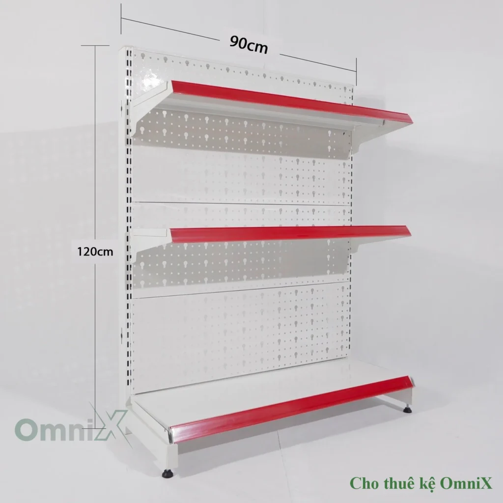 Kệ siêu thị tôn đục lỗ màu trắng mâm đỡ chịu lực cho thuê trưng bày